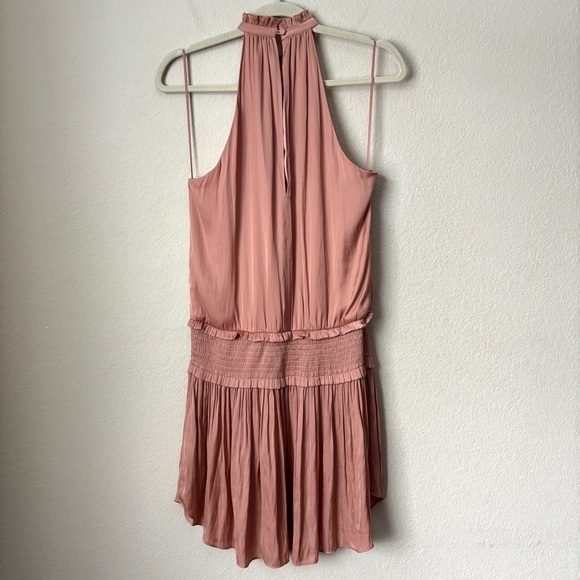 Blue Life Boho Satin High Neck Halter Flirty Smocked Waist Mini Dress - Picture 7 of 13